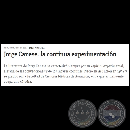 JORGE CANESE: LA CONTINUA EXPERIMENTACIÓN - Breve Antología - Domingo, 03 de Noviembre de 2002